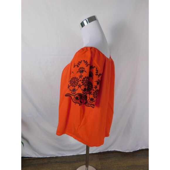 H&M Blouse Womens Large Orange Black Embroidered Boho Peasant Top Off Shoulder - Picture 2 of 9